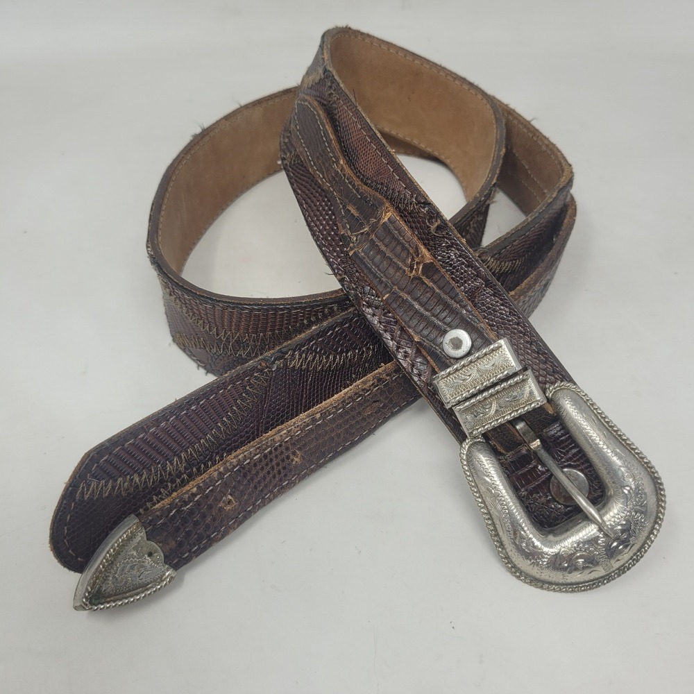 Vintage Justin Belt 34 Brown Lizard Leather Western Cowboy Exotic Patchwork USA